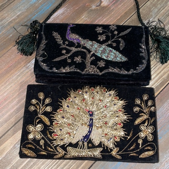 Vintage Handbags - 🦚(2)Vintage Embroidered Velvet Peacock Clutches